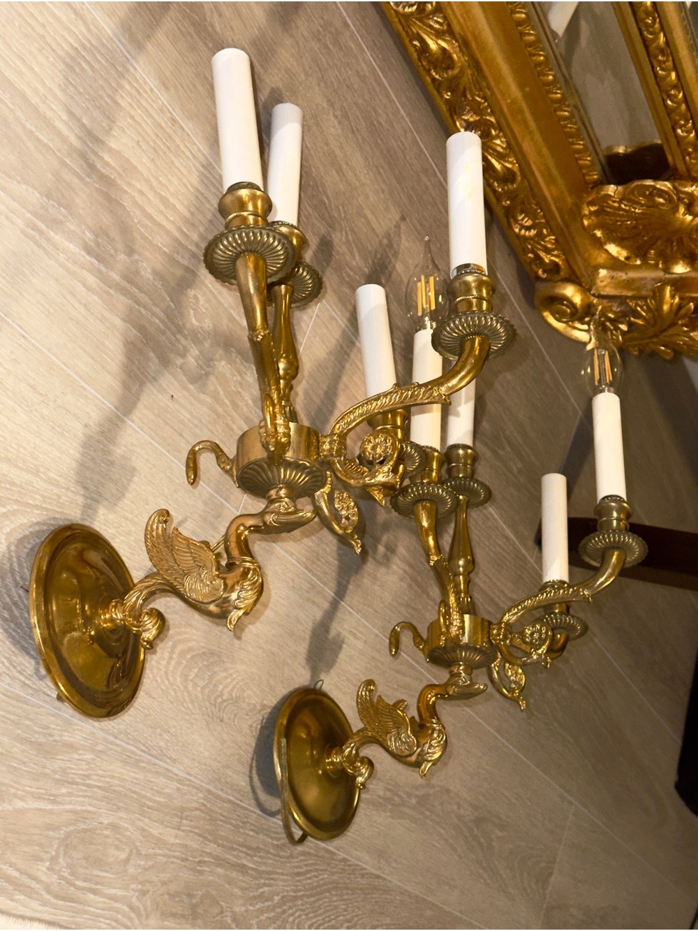 Pair of elegant vintage 4-arm swan brass wall sconces